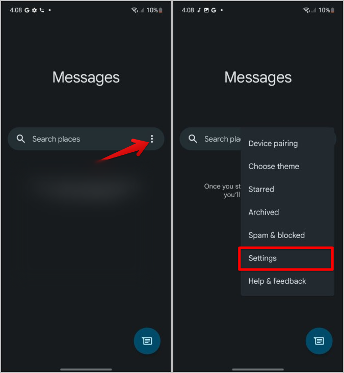 Opening Settings in Google Messages on Samsung Phone